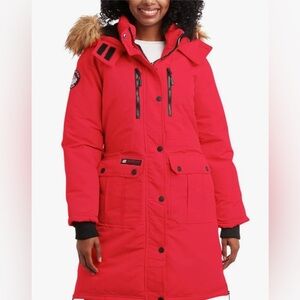 Canada Weather Gear Women's Red Long Parka Coat with Faux-Fur Trim. NEVER WORN!